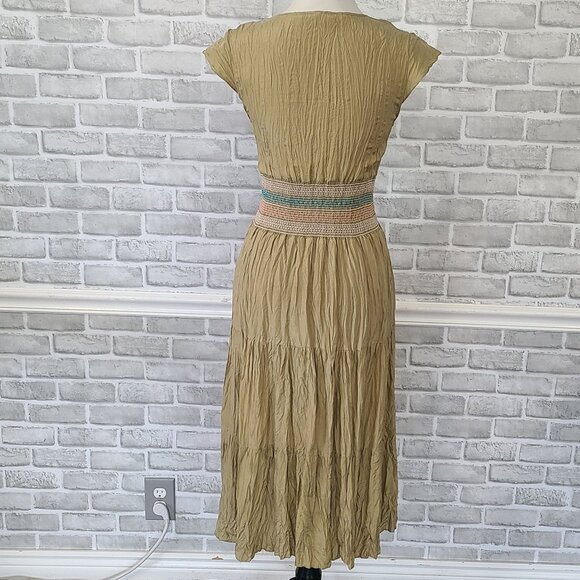 To the Max Green Silk Crinkle Dress Boho V-neck Midi Cottage Hippie Womens 6 - Picture 4 of 10